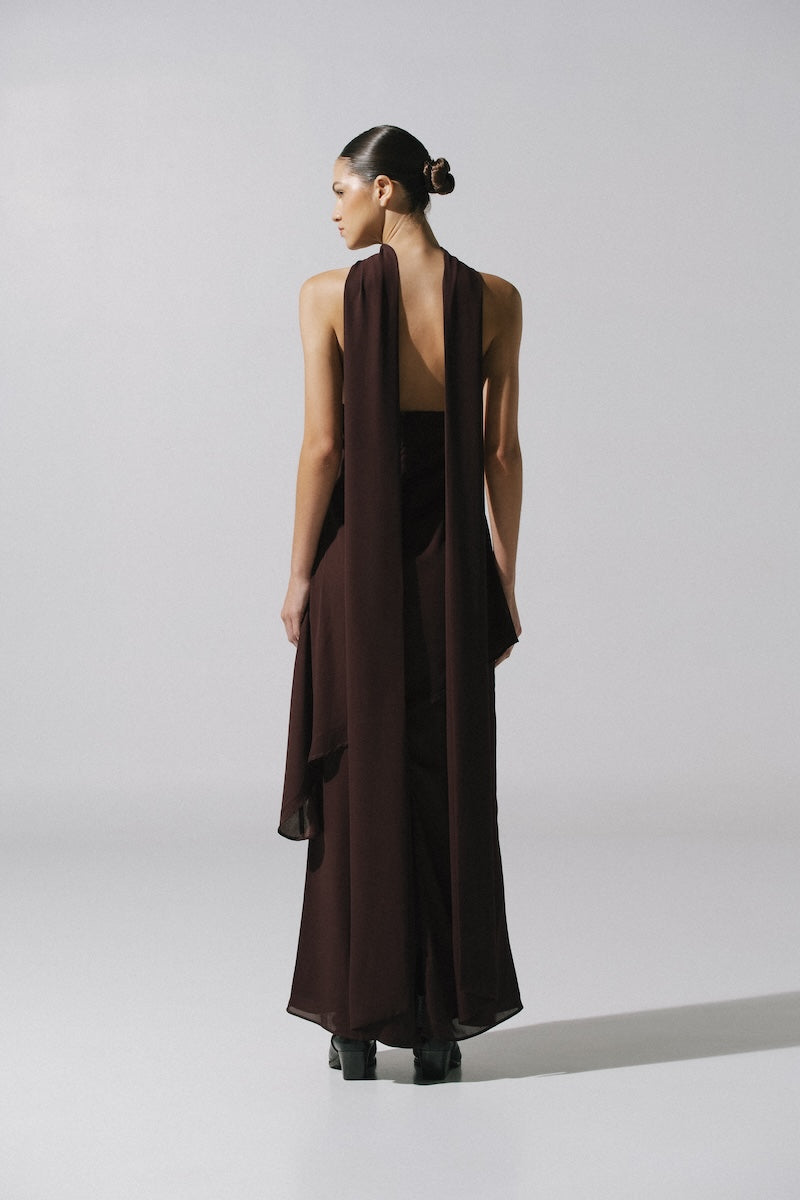 Baobab chocolate maxi dress with flowing fabric and sleeveless design, elegant and perfect for casual or formal wear.