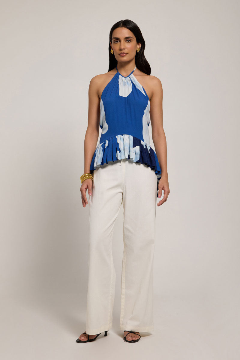 Light blue Elara top in Mediterranean print by Summer Away, featuring a relaxed fit and stylish design, perfect for summer wear.