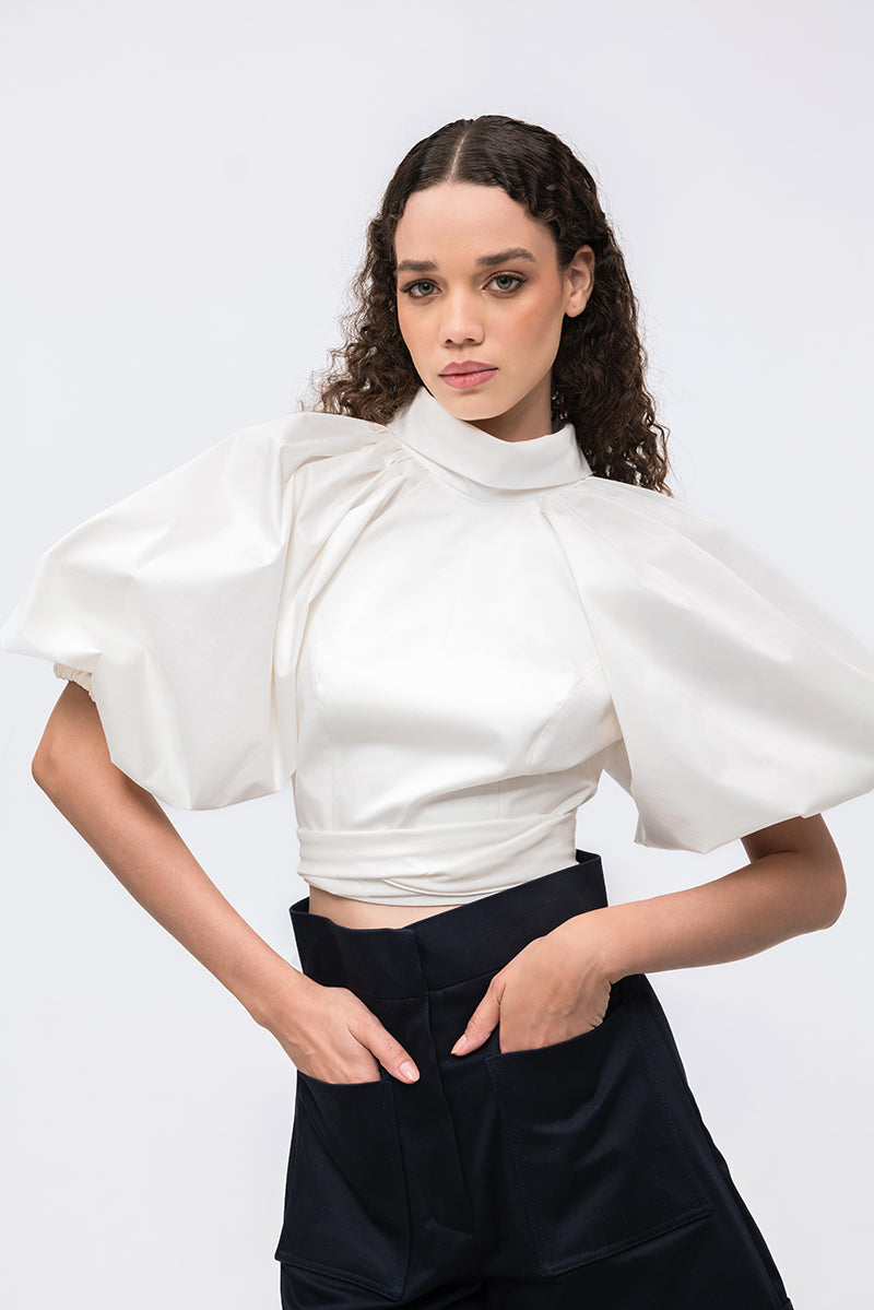 ANA + MARIA Elara ivory crop top, lightweight tops with a fitted design, displayed on a neutral background.