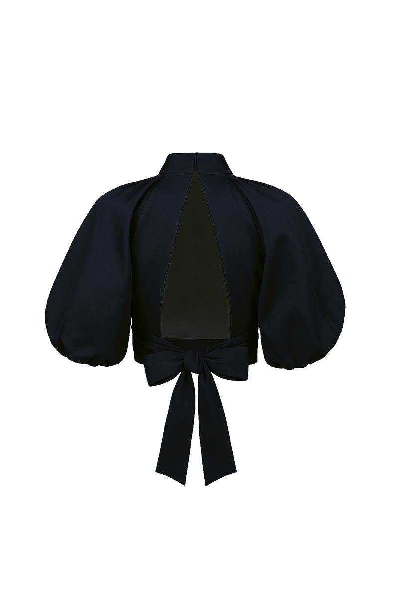 Navy blue Elara crop top by ANA + MARIA displayed on a mannequin, showcasing its fitted style and soft fabric.