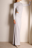 Rayane Bacha Elara Metallic Silver Co-ords set featuring a matching top and pants with a shiny silver metallic finish.