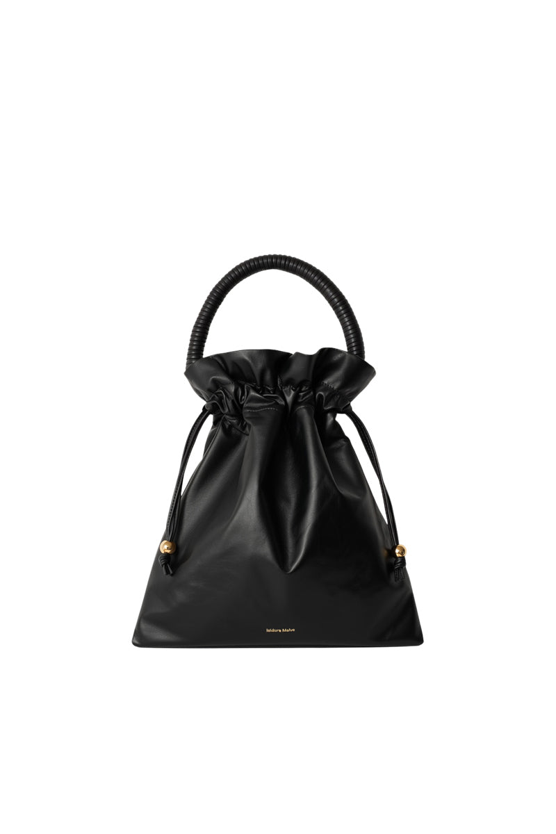 Black ISIDORA MALVA Elena pouch top handle bag with sleek design and elegant gold hardware.