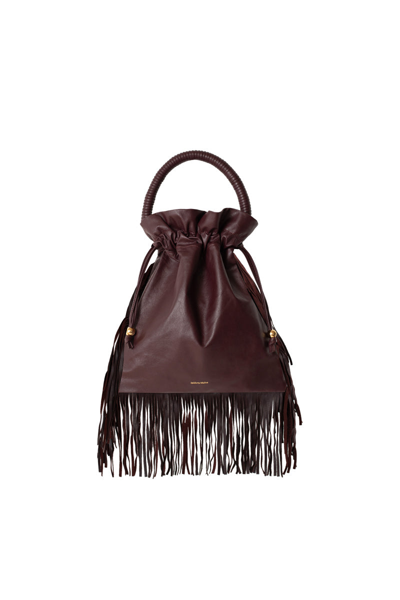 ISIDORA MALVA Elena pouch with burgundy fringes, top handle bag featuring decorative fringe details and stylish design.