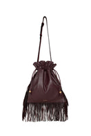 ISIDORA MALVA burgundy Elena pouch top handle bag with fringe detailing, showcasing its elegant design and compact size.