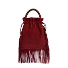 ISIDORA MALVA Elena suede top handle bag with burgundy fringes and gold accents, stylish accessory for everyday or evening use.