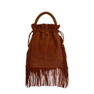 Tan suede top handle bag with fringe detailing by ISIDORA MALVA, showcasing its stylish design and textured material.