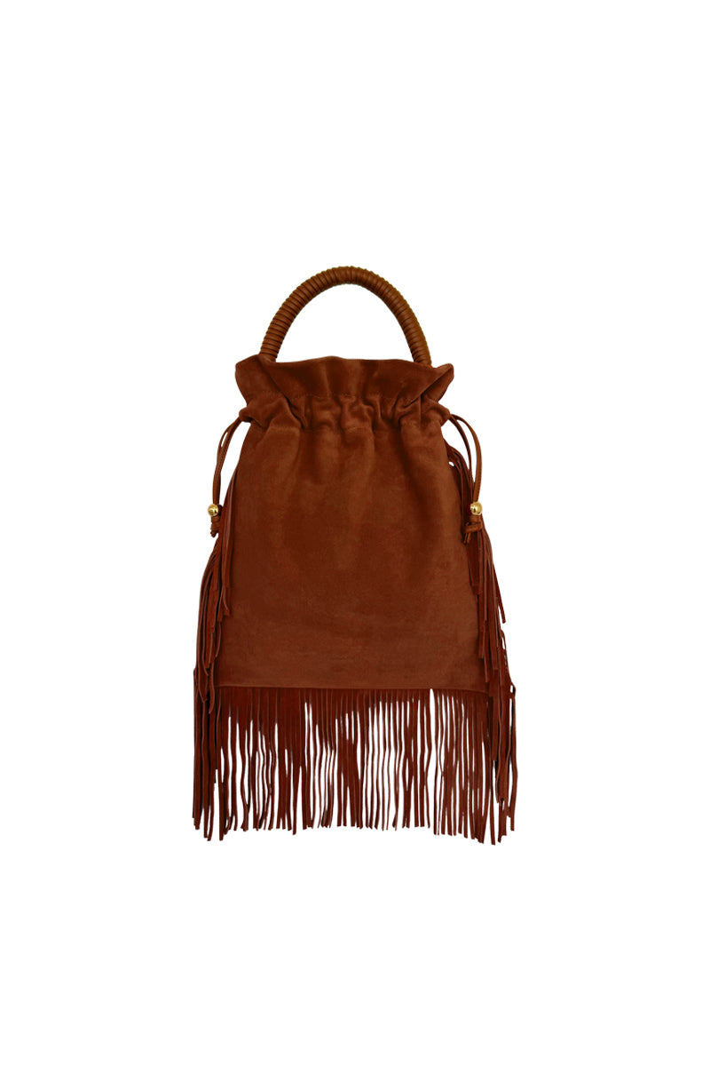 Tan suede top handle bag with fringe detailing by ISIDORA MALVA, showcasing its stylish design and textured material.