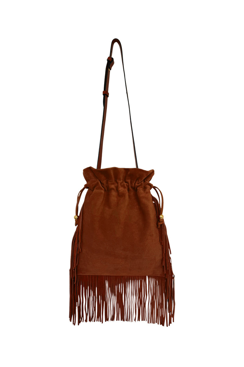 Tan suede top handle bag with fringes from ISIDORA MALVA's Elena collection, featuring a stylish and textured design.