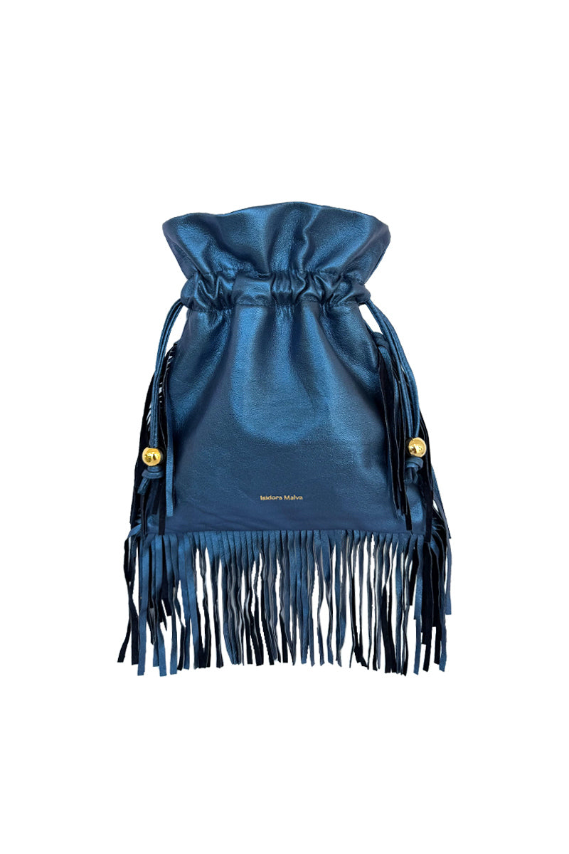 Electric blue ISIDORA MALVA Elena mini shoulder bag with fringes, featuring a compact design and stylish details.