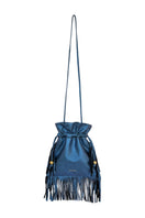 Electric blue ISIDORA MALVA Elena mini shoulder bag with fringe detailing on a plain background.