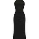 Nana Jacqueline Eliana black maxi dress displayed on a hanger, featuring flowing fabric and elegant design.