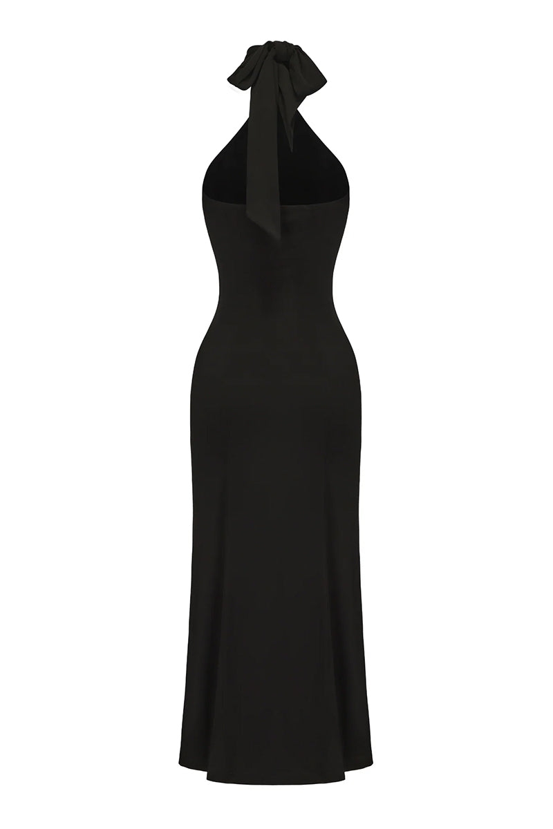 Black Nana Jacqueline Eliana Maxi Dress shown from the back, featuring flowing fabric and elegant design.