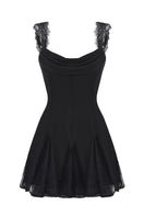 Black Elizabeth lace mini dress by Nana Jacqueline featuring intricate lace details and a fitted, stylish silhouette.