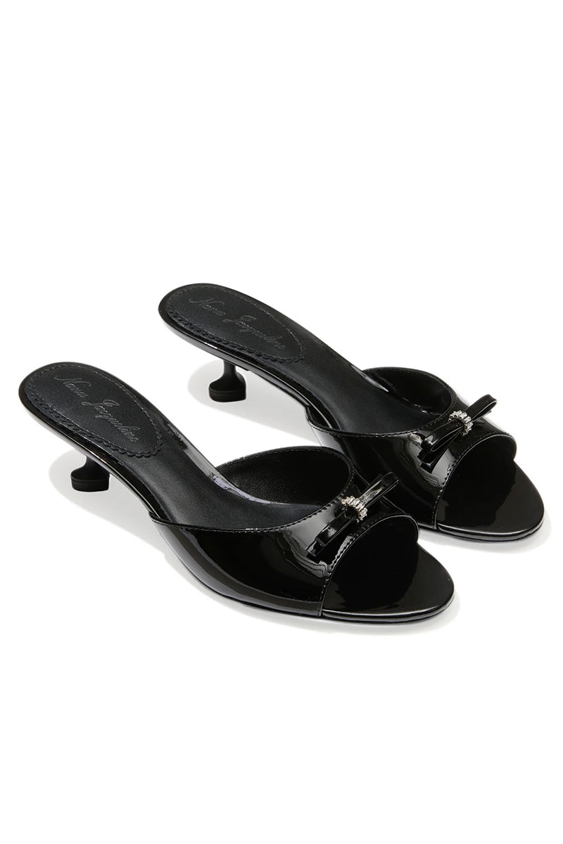 Black Nana Jacqueline Ella Heart heels featuring a stylish heart-shaped design on the front for a chic and elegant look.