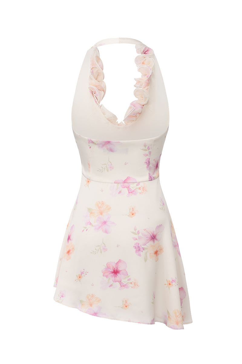 Beige Ella floral halter mini dress with ruffle details by Nana Jacqueline, shown from the back.