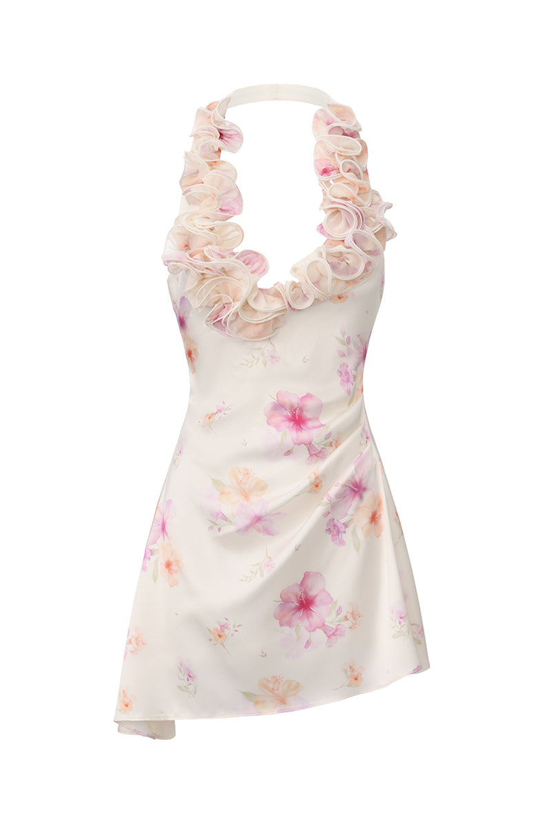 Beige Ella floral ruffle halter mini dress by Nana Jacqueline, front view showing elegant floral pattern and ruffle details.