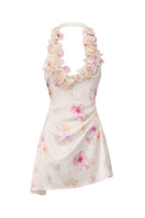 Nana Jacqueline Ella floral mini dress with ruffle halter neckline in beige, shown from the front.