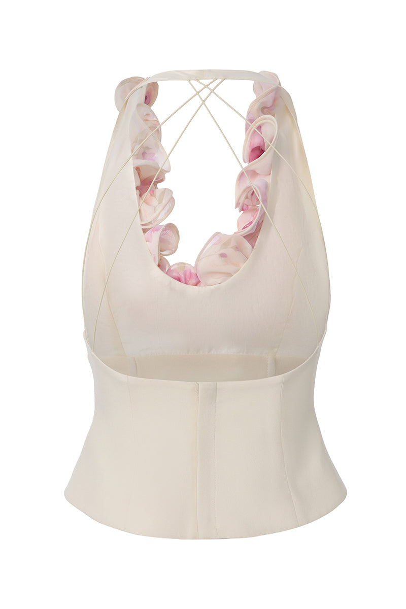 Nana Jacqueline Ella Ruffle Halter Top in champagne, back view showing elegant ruffle details and halter neckline.