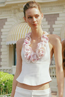 Nana Jacqueline Ella Ruffle Halter Top in champagne color, featuring elegant ruffles and a halter neckline, styled for a sophisticated look.