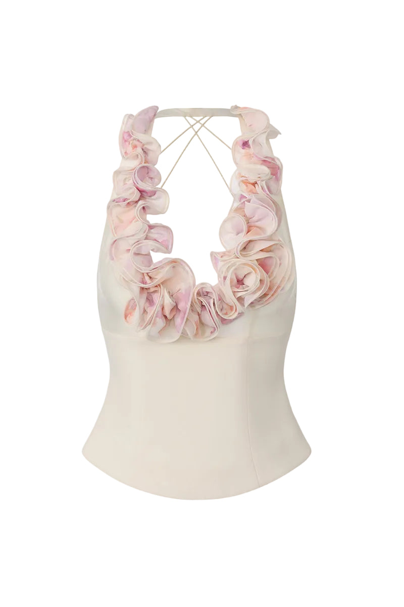 Nana Jacqueline Ella Ruffle Halter Top in champagne, front view showcasing elegant ruffle details and halter neckline.