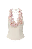 Nana Jacqueline Ella top, champagne-colored halter top with ruffle details, front view showcasing elegant design and fabric texture.