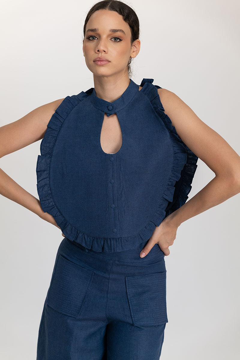 Dark blue Ellen bib top by ANA + MARIA featuring a stylish, fitted design and high-quality fabric for casual or semi-formal wear.