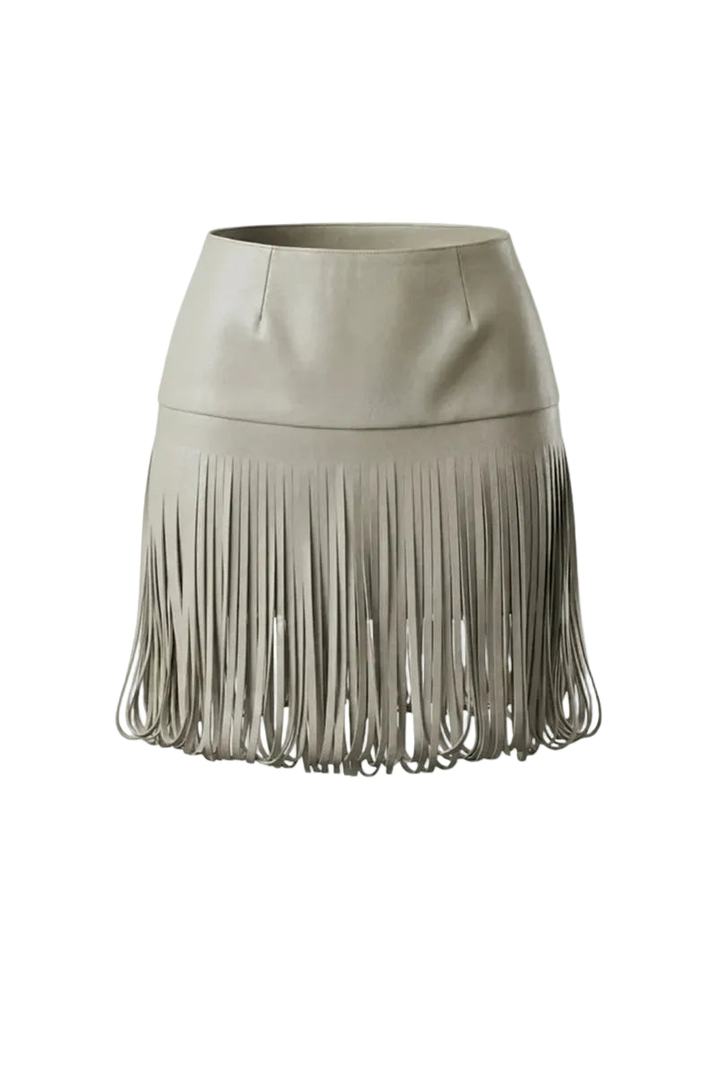 Double A Ellie leather midi skirt in butter yellow, showcasing a stylish high-waisted design and smooth leather texture.