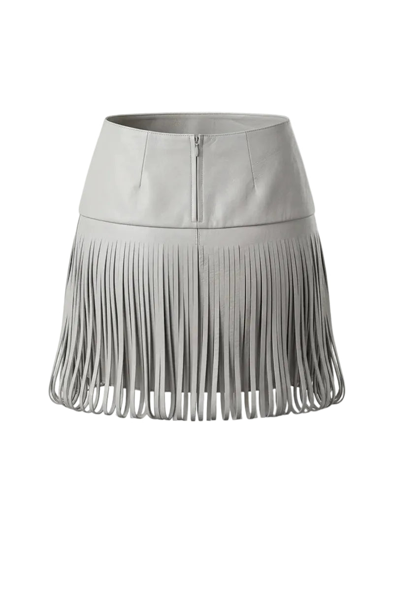 White Ellie leather midi skirt by Double A, showing a sleek, fitted design with smooth leather fabric and clean hemline.