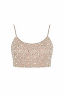 Embellished cropped top by Monika Dimova featuring intricate beadwork and stylish design, perfect for fashionable casual wear.