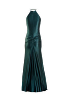 YASSMIN SALEH teal embrace gown with ghost back design, elegant long dress for formal occasions.