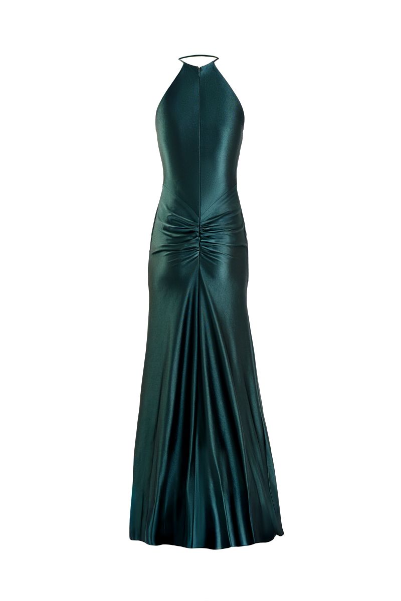 YASSMIN SALEH teal embrace gown with ghost back design, elegant long dress for formal occasions.