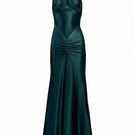 YASSMIN SALEH teal embrace gown with flowing fabric and elegant design, front view showcasing its graceful silhouette.