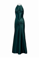 YASSMIN SALEH teal embrace gown with flowing fabric and elegant design, front view showcasing its graceful silhouette.
