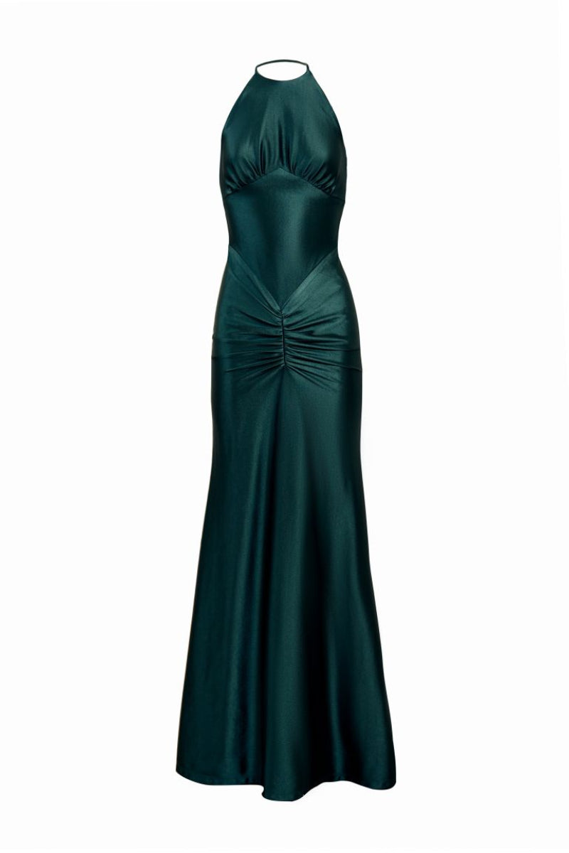 YASSMIN SALEH teal embrace gown with flowing fabric and elegant design, front view showcasing its graceful silhouette.