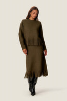 Rebecca Taylor Emelia fringe sweater in olive green, featuring a relaxed fit with fringe details along the hem.