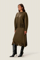 Olive green Rebecca Taylor Emelia Fringe Sweater with textured fringe details and long sleeves, perfect for cozy casual wear.