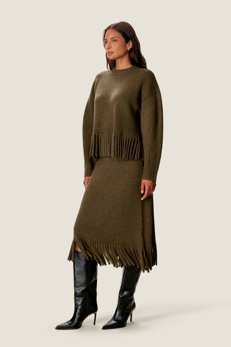 Olive green Rebecca Taylor Emelia Fringe Sweater with textured fringe details and long sleeves, perfect for cozy casual wear.
