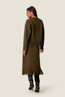 Rebecca Taylor Emelia Fringe Sweater in olive green, featuring fringe details and a cozy knit texture.
