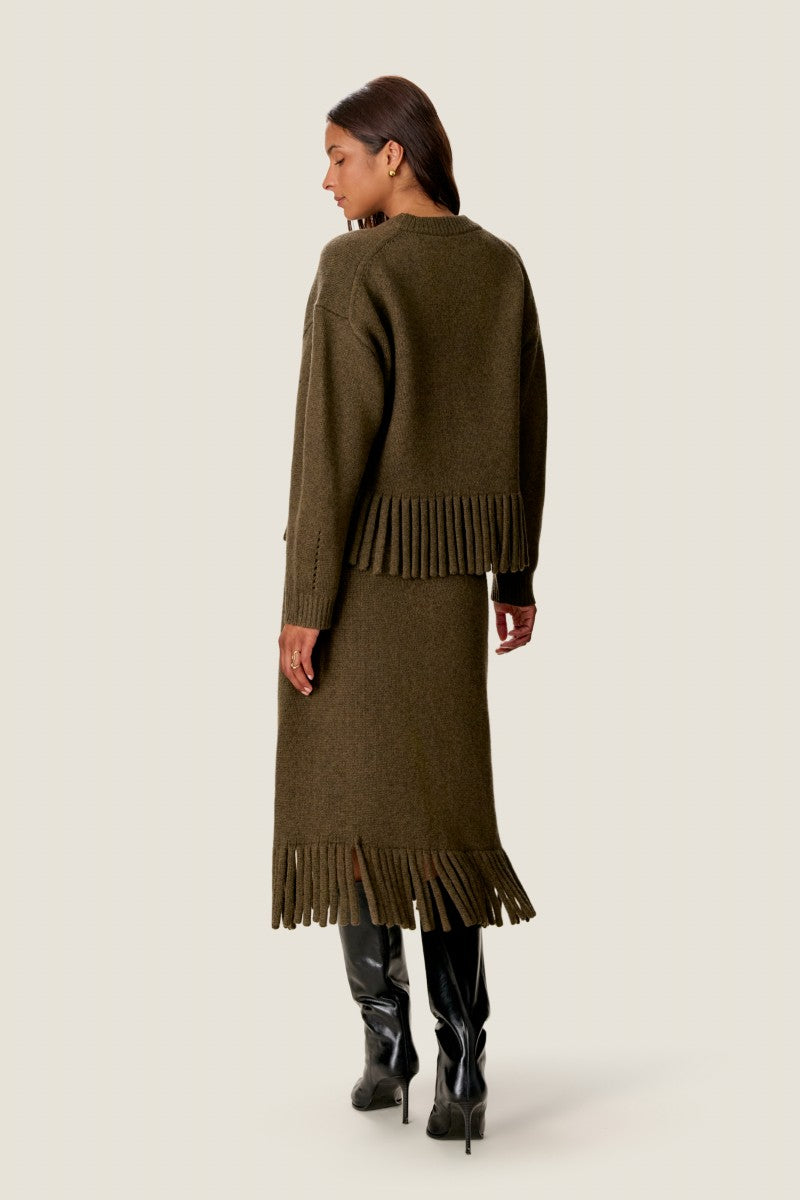 Rebecca Taylor Emelia Fringe Sweater in olive green, featuring fringe details and a cozy knit texture.