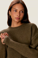Rebecca Taylor Emelia fringe sweater in olive, featuring a cozy knit design with fringe details, casual and stylish for fall wear.