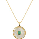 Emerald birthstone necklace with mother-of-pearl pendant, vermeil gold chain by Freya Rose.