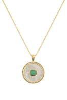Emerald birthstone necklace with mother-of-pearl pendant, vermeil gold chain by Freya Rose.