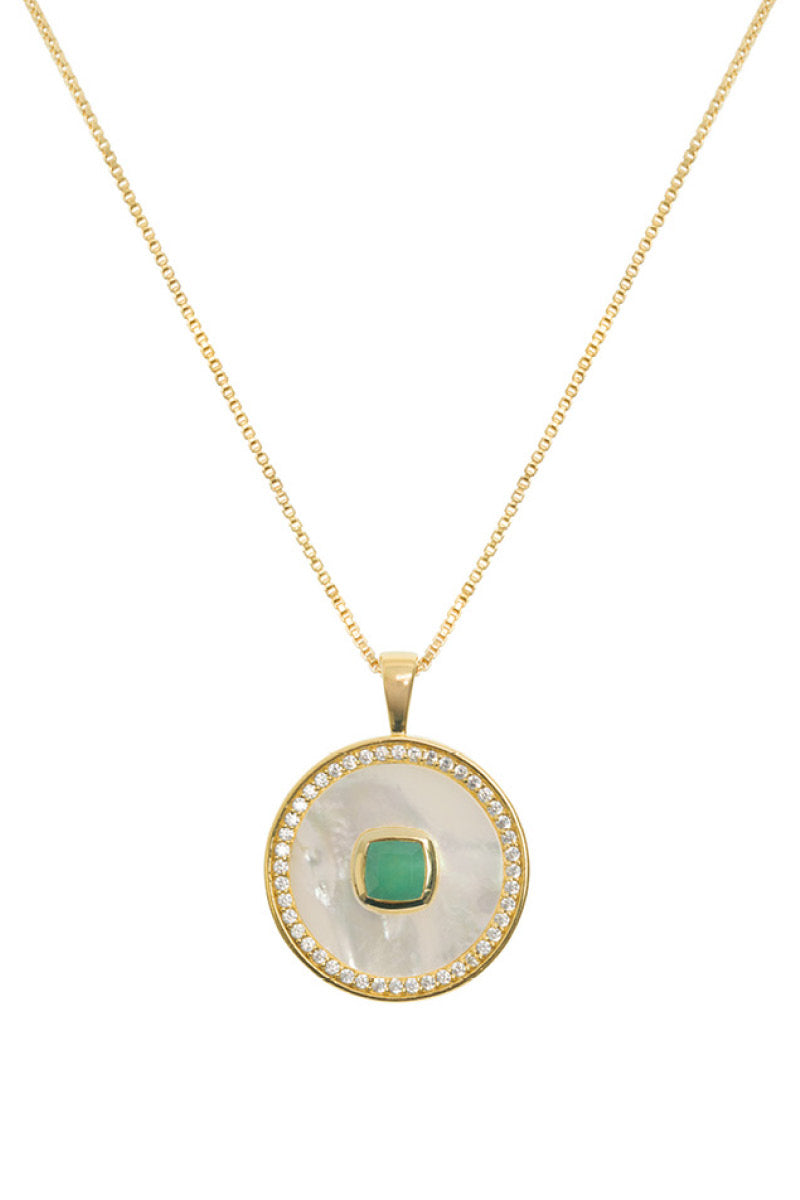 Emerald birthstone necklace with mother-of-pearl pendant, vermeil gold chain by Freya Rose.