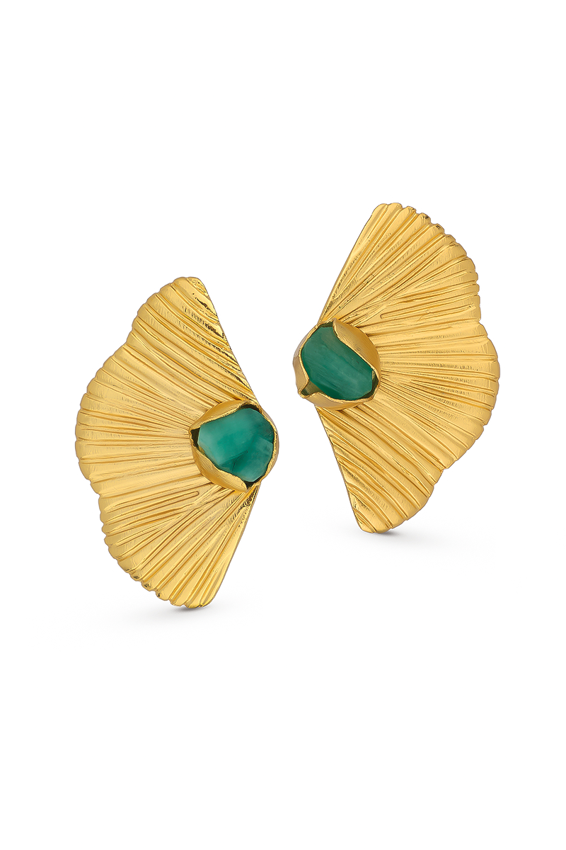Gold emerald vertical waves earrings by Fenomena, showing front and back views of the stylish, handcrafted jewelry.