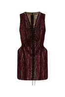 Burgundy lace-up mini dress by Tayfun Kaba featuring embroidery and sequins, shown on a model.