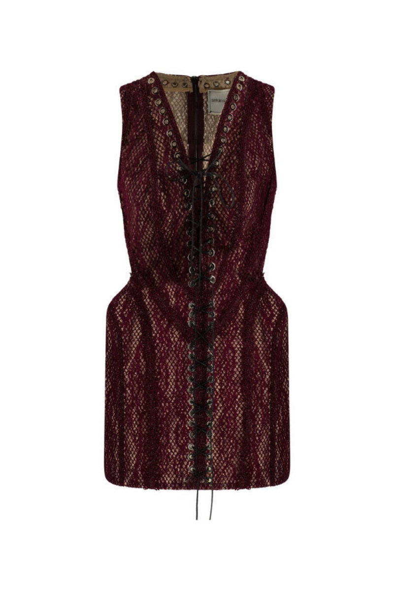 Burgundy lace-up mini dress by Tayfun Kaba featuring embroidery and sequins, shown on a model.