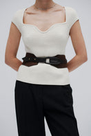 ISIDORA MALVA chocolate suede belt with woven design, stylish accessory for casual or formal outfits.