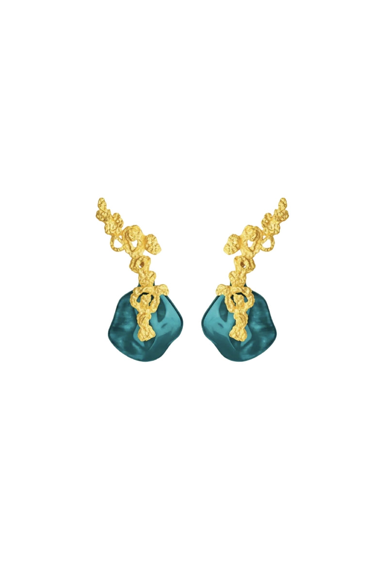 Gold teal erosion earrings by Jude Benhalim featuring textured metal design with dangling elements in a stylish, modern jewelry style.
