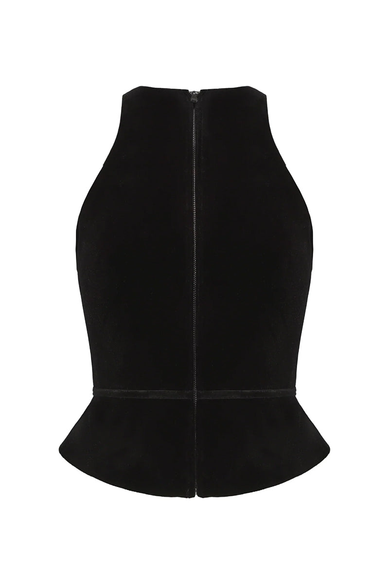 Back view of Nana Jacqueline Estelle velvet top in black, showcasing its smooth fabric and stylish design.