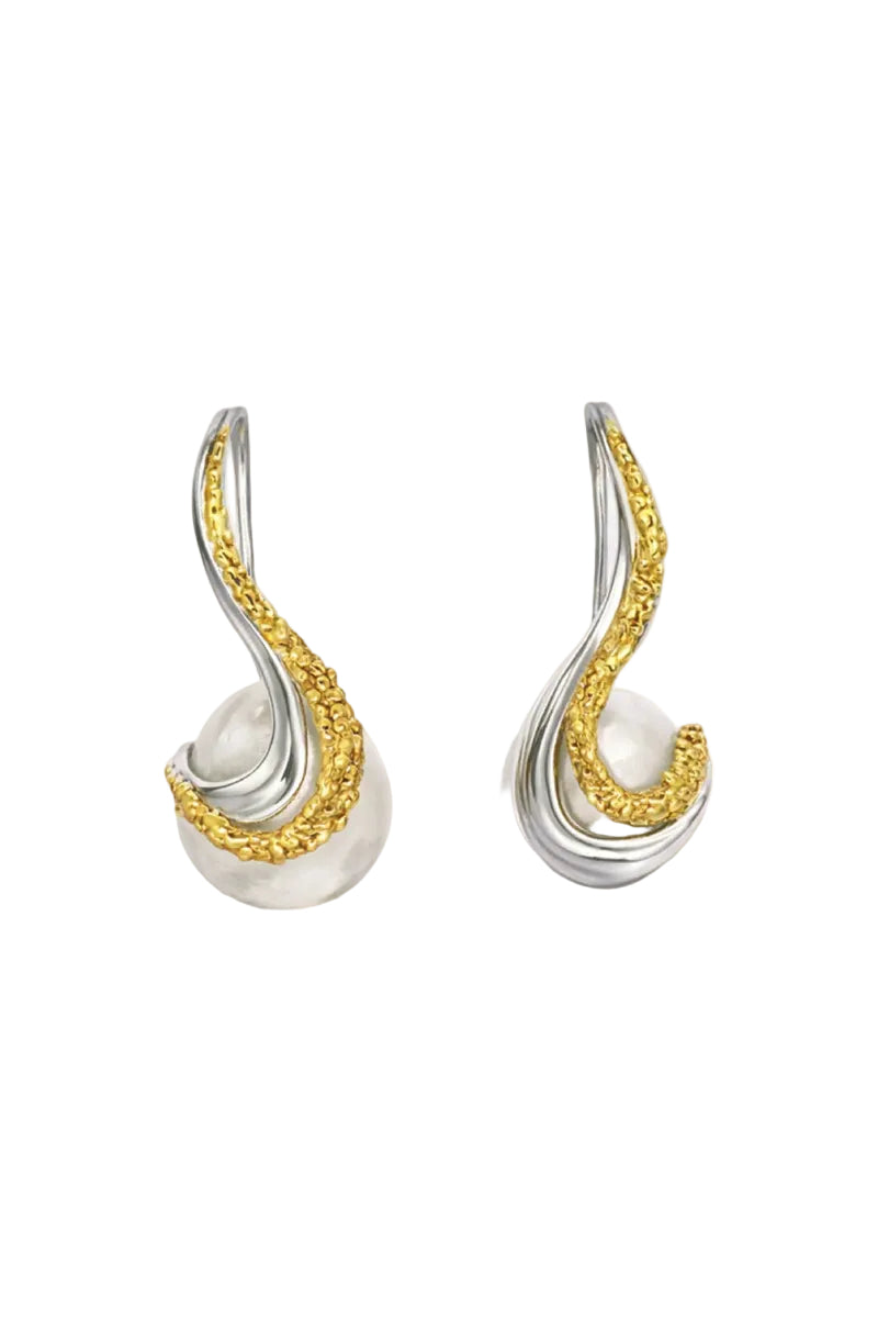 Jude Benhalim eternity earrings featuring a continuous circular design in polished metal, displayed on a neutral background.